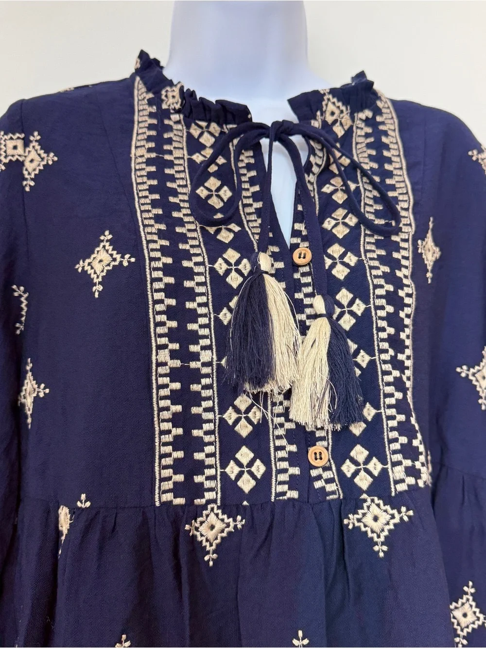 NWT Camellia Embroidered Boho Mini Dress - Size S Tassel Tie Neck- Navy - Picture 2 of 13